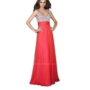 LA FEMME Watermelon Beaded-Bodice A-Line Gown